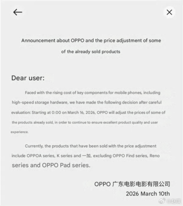 A Oppo anuncia o aumento de preços de vários smartphones na China.