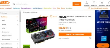 ASUS ROG Strix RTX 4060 Ti em Notebooksbilliger. (Fonte: Notebooksbilliger)