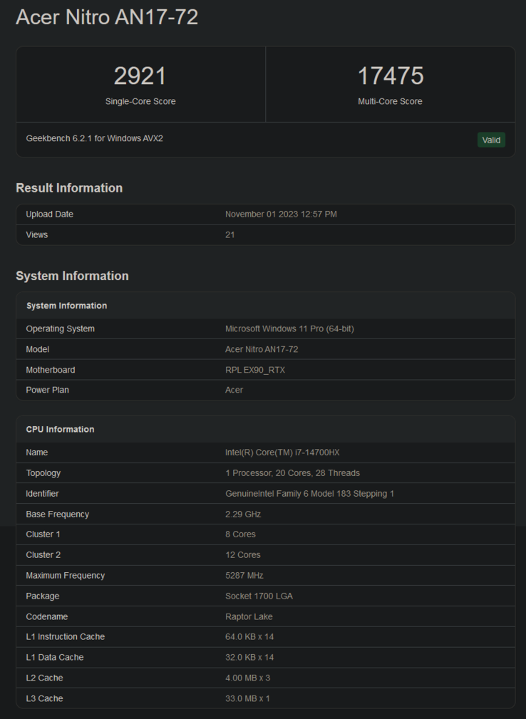 Listagem do Intel Core i7-14700HX no Geekbench (imagem via Geekbench)