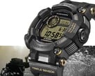 O Casio G-Shock Frogman GWF-D1000BC-1JF é mostrado em ângulo, destacando sua caixa robusta e assimétrica e sua pulseira composta.