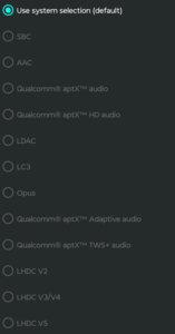 Codecs de áudio Bluetooth disponíveis