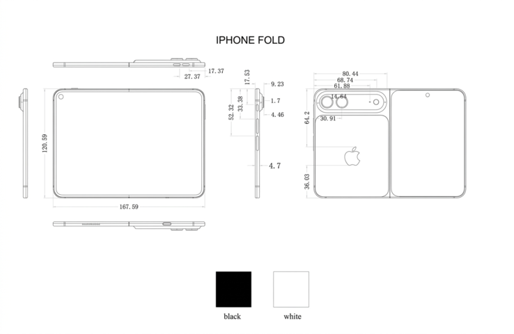 Supostos esquemas do iPhone Ultra/Fold de um fabricante de capas (aprimorados com IA).