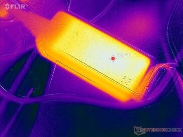 O adaptador de corrente alternada atinge mais de 33 °C ao operar cargas exigentes