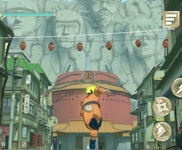 Naruto correndo pela Hidden Leaf Village em Naruto: Ultimate Ninja Storm+, com a Hokage Rock visível ao fundo. (Fonte da imagem: Bandai Namco Entertainment)