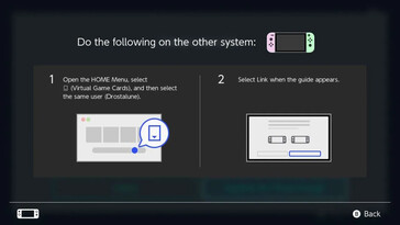 Etapa 1 da vinculação dos consoles Nintendo Switch para o compartilhamento do Virtual Game Card: A tela instrui o usuário a abrir o menu HOME, selecionar o ícone Virtual Game Cards e, em seguida, selecionar seu perfil de usuário no outro sistema Nintendo Switch que deseja vincular.