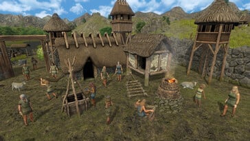 Uma imagem mostrando um vilarejo em Dawn of Man.