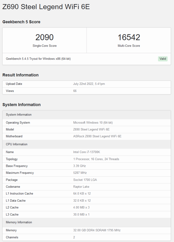 Listagem Intel Core i7-13700K Geekbench (imagem via Geekbench)