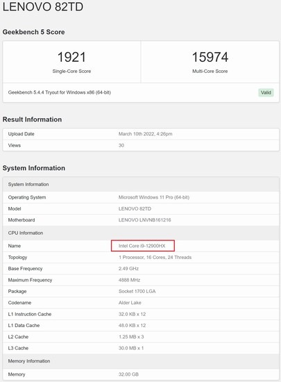 Intel Core i9-12900HX. (Fonte de imagem: Geekbench)