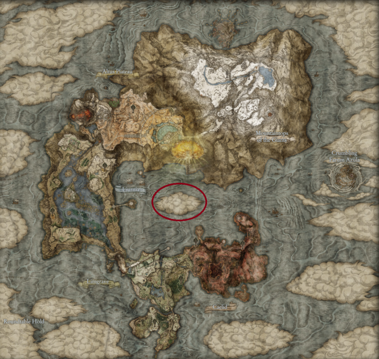 Possível localização de Shadow of the Erdtree em The Lands Between (imagem via Map Genie, editada)