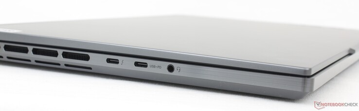 Esquerda: USB-C + Thunderbolt 4, USB-C 3.2 Gen. 2 + DisplayPort 1.4 + Power Delivery, fone de ouvido de 3,5 mm
