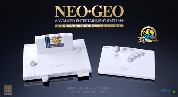 O NeoGeo AES+ Anniversary Edition é branco e vem com um Arcade Stick sem fio.