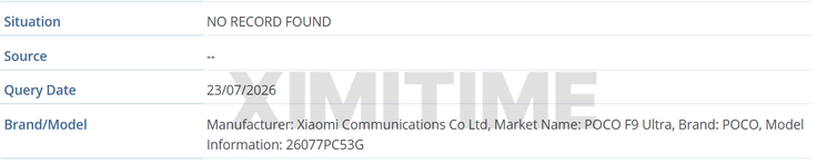 Listagem do Poco F9 Ultra no banco de dados IMEI da GSMA.