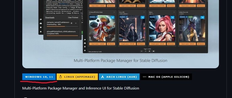 Uma captura de tela da página do GitHub da Stability Matrix com o botão de download do Windows 10/11 destacado. (Fonte da imagem: Captura de tela do Windows)