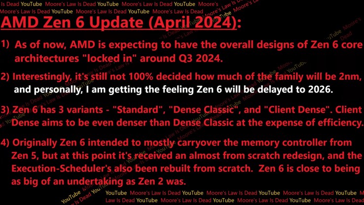 Vazamento do AMD Zen 6. (Fonte: Moore's Law Is Dead)