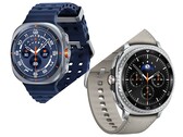 Galaxy Watch Ultra em Titanium Blue (parte superior) e Galaxy Watch 8 Classic em preto com pulseira Taupe (editado).