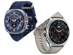 Galaxy Watch Ultra em Titanium Blue (parte superior) e Galaxy Watch 8 Classic em preto com pulseira Taupe (editado).