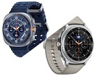 Galaxy Watch Ultra em Titanium Blue (parte superior) e Galaxy Watch 8 Classic em preto com pulseira Taupe (editado).