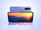 Samsung Galaxy F70 5G mostrado de frente e de trás com acabamento roxo
