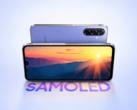 Samsung Galaxy F70 5G mostrado de frente e de trás com acabamento roxo