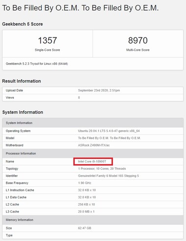 i9-10900T. (Fonte de imagem: Geekbench)