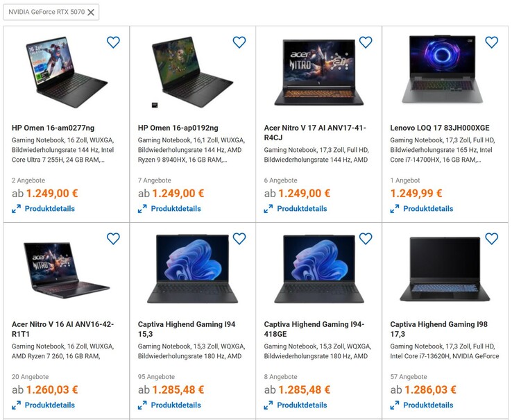 Os notebooks RTX 5070 mais acessíveis (fonte da imagem: Screenshot idealo)
