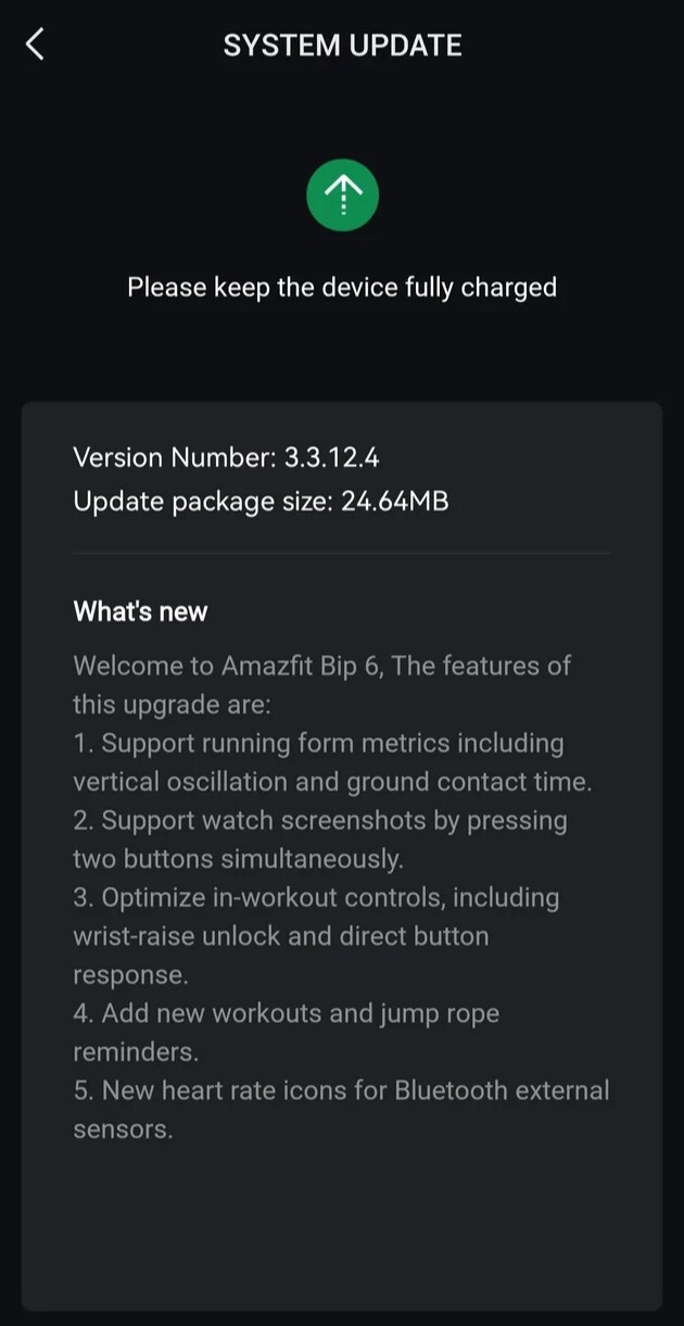 As notas de lançamento da versão 3.3.12.4 do software para o smartwatch Amazfit Bip 6. (Fonte da imagem: Reddit)