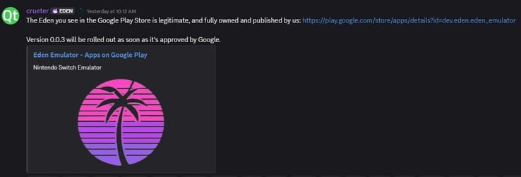 O anúncio de lançamento da Google Play Store (Fonte da imagem: Eden Discord)