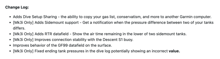 As notas de versão do Garmin Descent Mk3/Mk3i System Software 25.21
