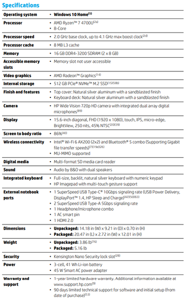 HP Pavilion 15 specs (imagem via HP)