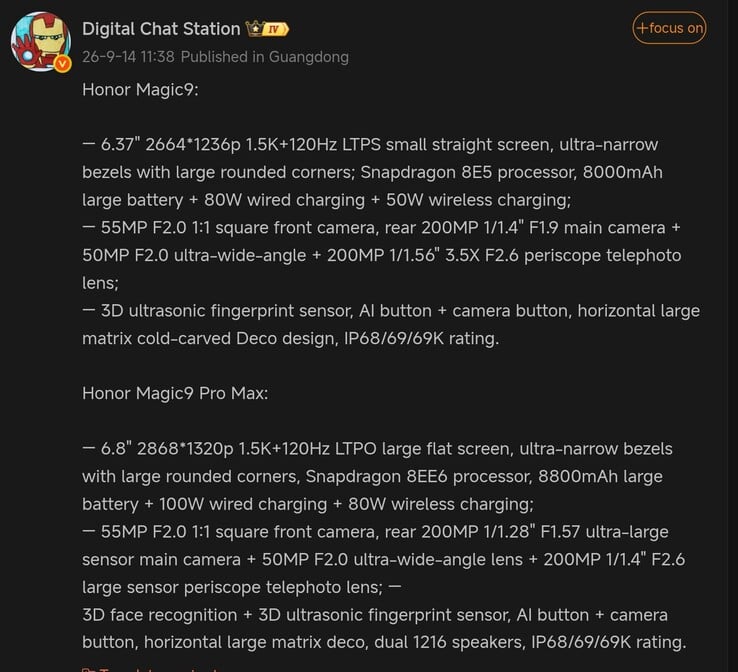 A publicação no Weibo da Digital Chat Station detalhando as especificações dos dois próximos modelos emblemáticos da Honor