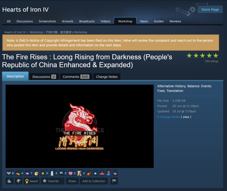O aviso DMCA na página da comunidade Steam de The Fire Rises : Loong Rising from Darkness. (Fonte da imagem: Steam)