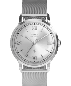Relógio social Timex x Todd Snyder Marlin Mesh com mostrador prateado com efeito sunburst e pulseira milanesa.