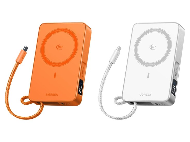 Power Bank magnético Ugreen MagFlow Qi2 25W em laranja e branco