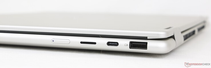 À direita: Botão liga/desliga, leitor MicroSD, USB-C (10 Gbps) com DisplayPort 1.4a + Power Delivery, USB-A (5 Gbps)