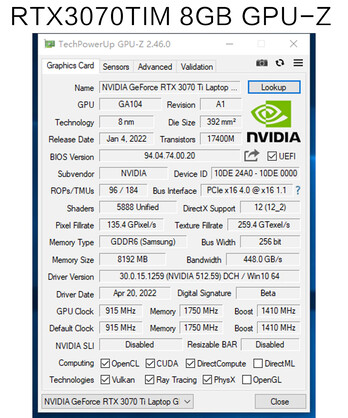 51Risc RTX 3070 TiM GPU - GPU-Z. (Fonte da imagem: Aliexpress)