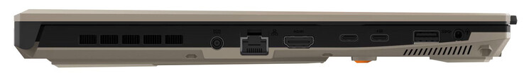 lado esquerdo: conexão de energia, Gigabit Ethernet, HDMI, USB 4 (USB-C; DisplayPort), USB 3.2 Gen 2 (USB-C; DisplayPort, Power Delivery), USB 3.2 Gen 1 (USB-A), combinação de áudio