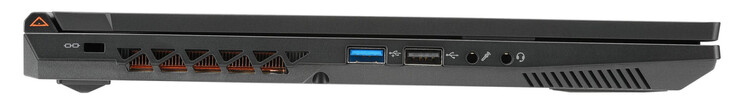 Esquerda: Slot de segurança Kensington, USB 3.2 Gen 1 (USB-A), USB 2.0 (USB-A), entrada de microfone, conector de áudio combinado