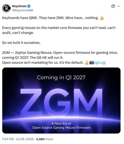 Anúncio sobre o firmware do Keychron ZGM no X