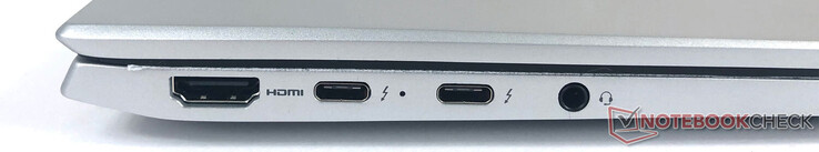 Esquerda: 2x USB-C, 1x HDMI, 1x conector de áudio