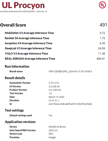 Resultados do teste UL Procyon NPU Integer