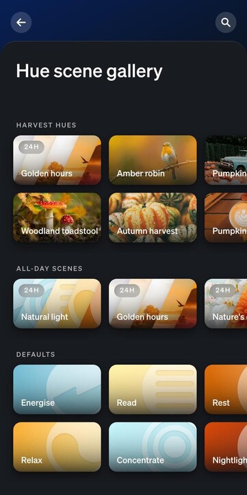 Uma captura de tela da nova coleção Harvest Hues na galeria de cenas do aplicativo Philips Hue. (Fonte da imagem: Own)