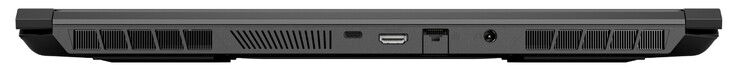Voltar: USB 3.2 Gen 2 (Tipo-C; DisplayPort 1.4, G-Sync), HDMI 2.1 (com HDCP 2.3), Gigabit Ethernet, fonte de alimentação
