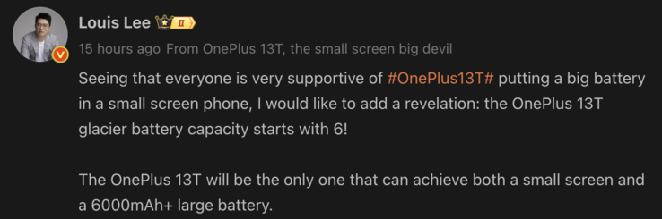 Louis Lee, presidente da OnePlus China, revela uma bateria grande para o próximo OnePlus 13T. (Fonte da imagem: Weibo - tradução automática)