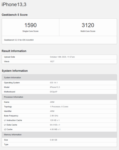 O primeiro avistamento de um iPhone com 6 GB de RAM tem um desempenho multi-core abaixo do esperado. (Fonte de imagem: Geekbench)