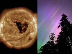 Uma tempestade geomagnética nessa época do ano é significativa devido ao efeito Russell-McPherron. Na foto - buraco coronal no sol (esquerda) e luzes do norte (direita) (Fonte da imagem: NOAA, Anubhav Sharma/Notebookcheck)