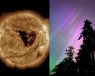 Uma tempestade geomagnética nessa época do ano é significativa devido ao efeito Russell-McPherron. Na foto - buraco coronal no sol (esquerda) e luzes do norte (direita) (Fonte da imagem: NOAA, Anubhav Sharma/Notebookcheck)
