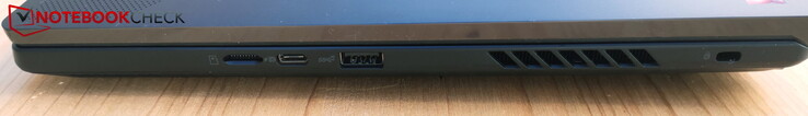 Direito: Leitor microSD, USB-C 3.2 Gen2 com DP &amp; PD, USB-A 3.2 Gen2, Kensington Lock