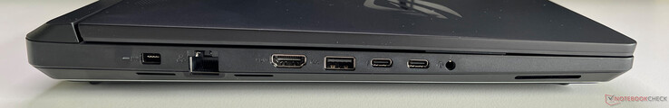 Esquerda: fonte de alimentação, Ethernet (2,5 GBit/s), HDMI 2.1 FRL, USB-A 3.2 Gen 2 (10 GBit/s), 2x USB-C 4.0 com Thunderbolt 5 (120 GBit/s, DisplayPort, Power Delivery), áudio de 3,5 mm