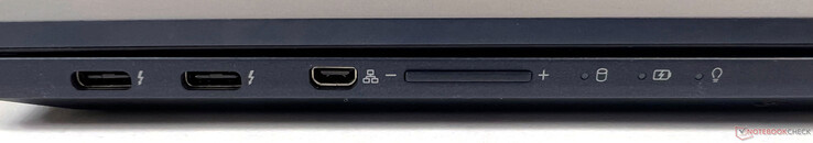 Conectores à esquerda: 2x Thunderbolt 4 (40GBit/s, DisplayPort modo ALT 1.4, Power Delivery 3.0), 1x Micro HDMI (para LAN)