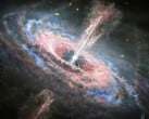 Uma ilustração mostrando um buraco negro e um quasar.